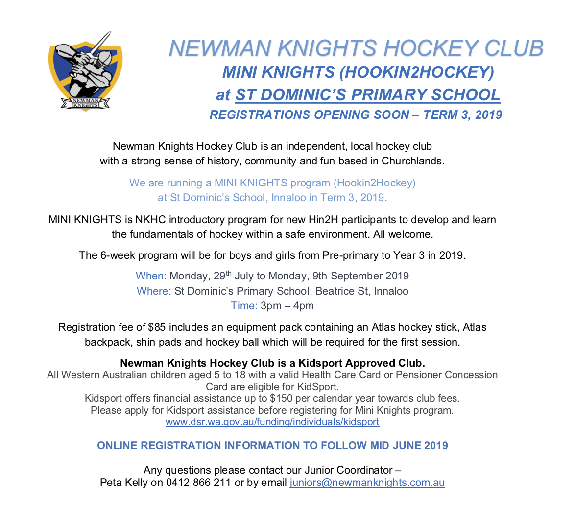 PP to Year 3 Mini Knights Hockey Program Coming to St Dom's in Term 3!