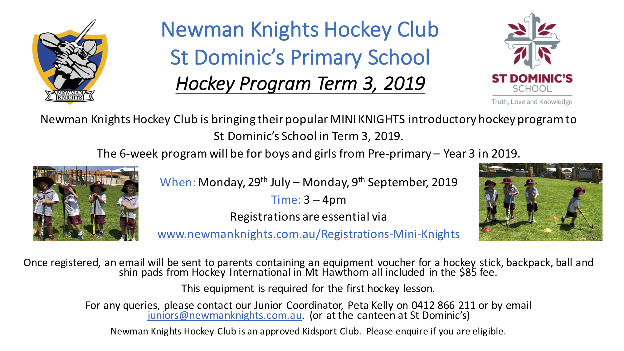 Newman Knights Hockey PP to Yr 3 Program Starting at St Dom's in Term 3