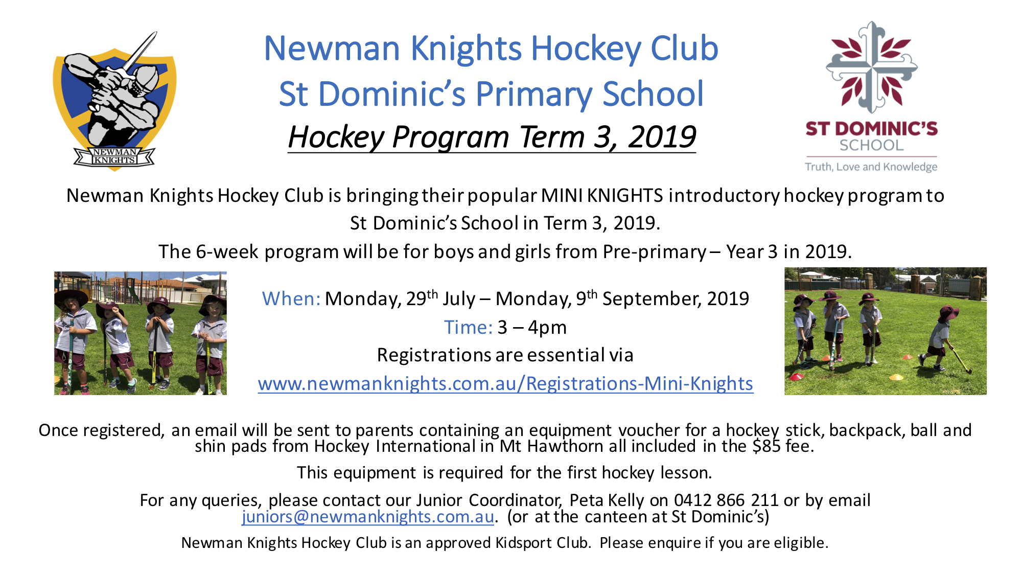 Newman Knights Hockey PP to Yr 3 Program Starting at St Dom's in Term 3