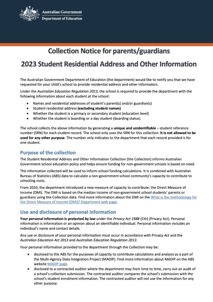 2023 Student Residential Address and Other Information Collection Notice