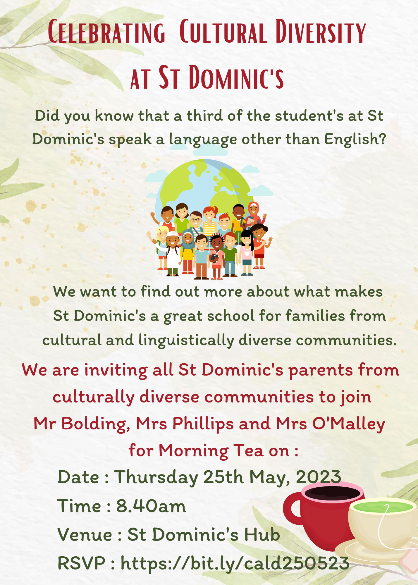 Celebrating Cultural Diversity at St Dominic's Morning Tea - Thursday 25th May at 8:40am