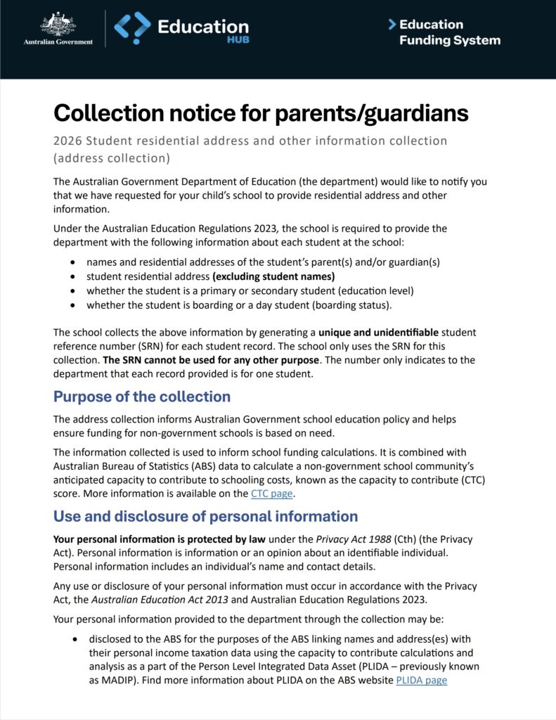 2026 Student Residential Address and Other Information Collection Notice